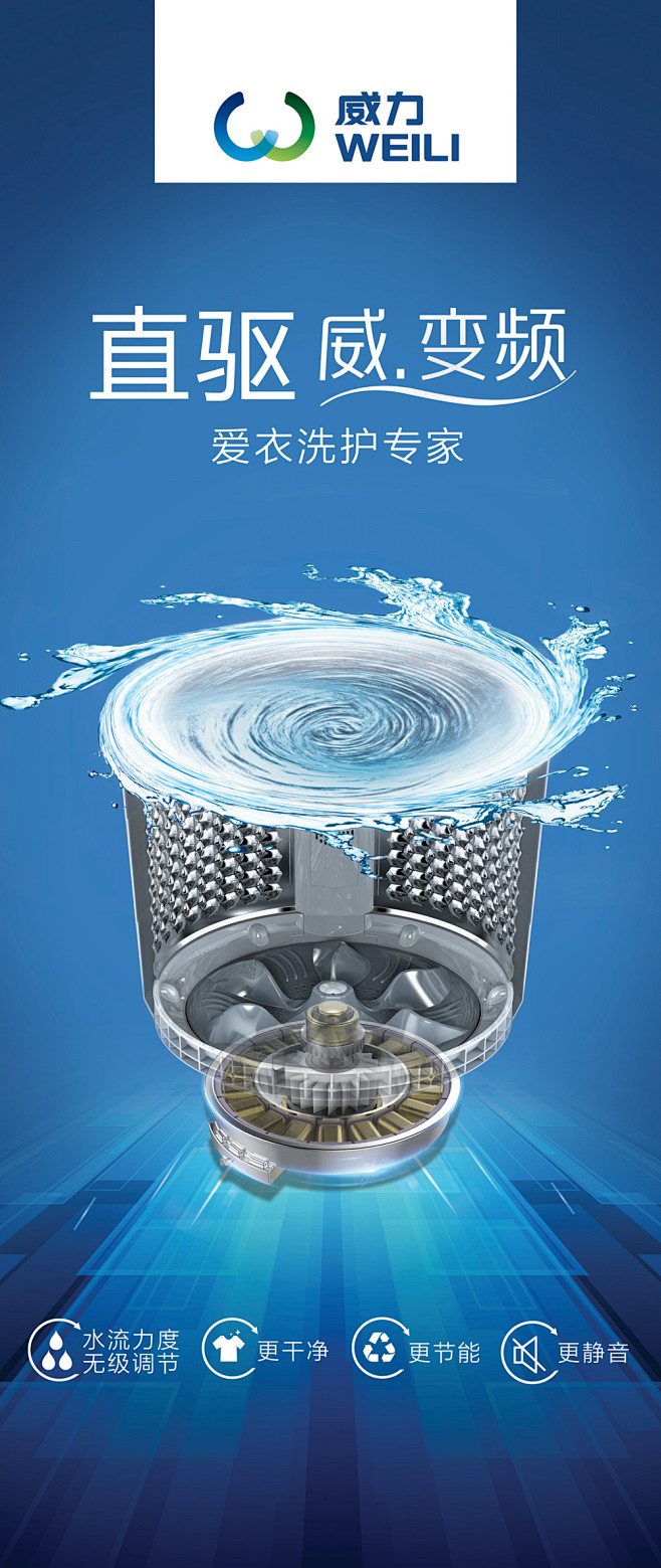 全芯動力 潔凈無界——威力洗衣機直驅(qū)變頻波輪洗衣機包柱海報設(shè)計